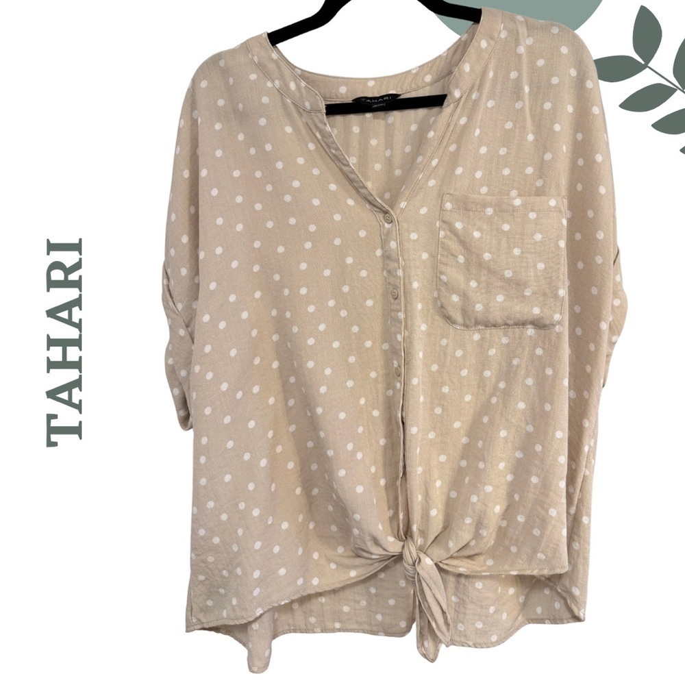 🛍️3/$40 TAHARI Cream Tan Short Sleeve Button-Front Tie Hem Blouse – XXL